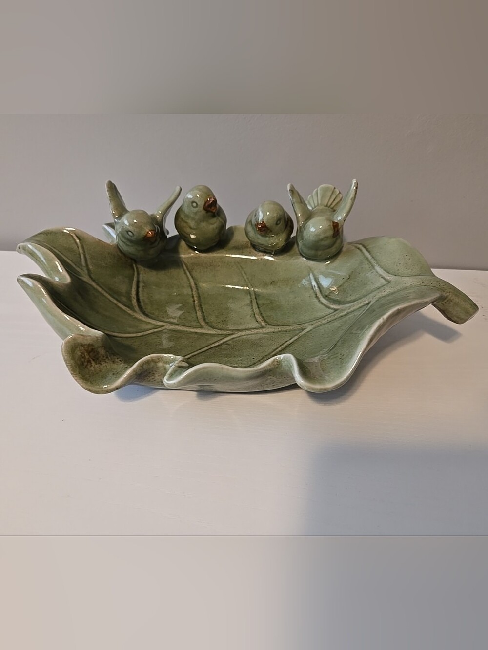Vintage Ceramic 4 Birds On A Leaf Bird Bath, Feeder,decoration, Trinket Bowl 13"